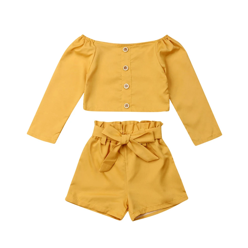 Комплект из двух предметов, одежда для маленьких девочек топ с круглым вырезом и длинными рукавами+ шорты с оборками и бантом, Повседневная летняя одежда