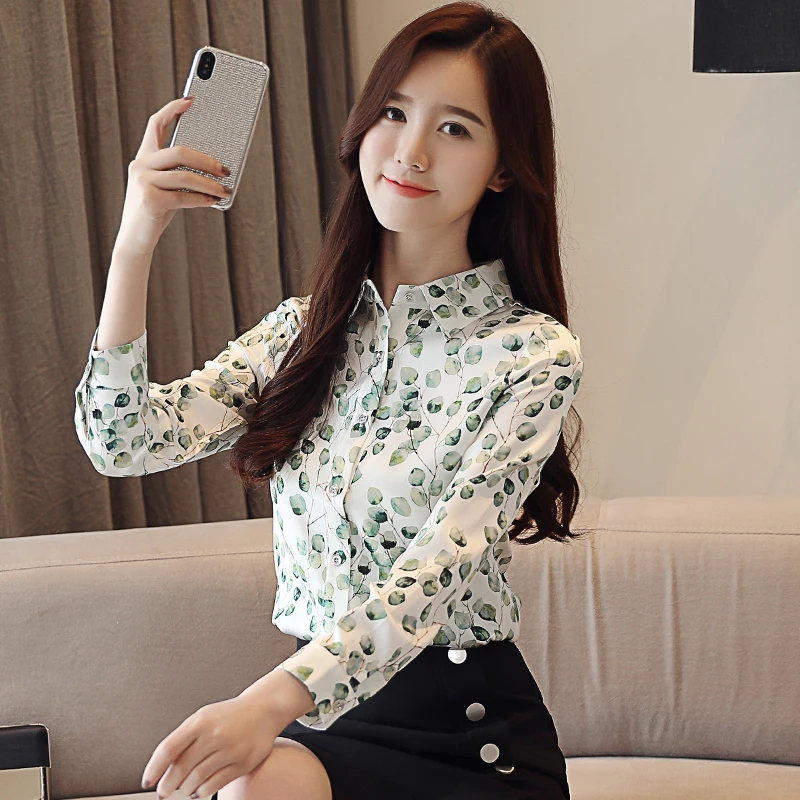  Women Blouses Cotton Tops and Blouses For Women Flower Long Sleeve Ladies Shirts Green/White Blusas