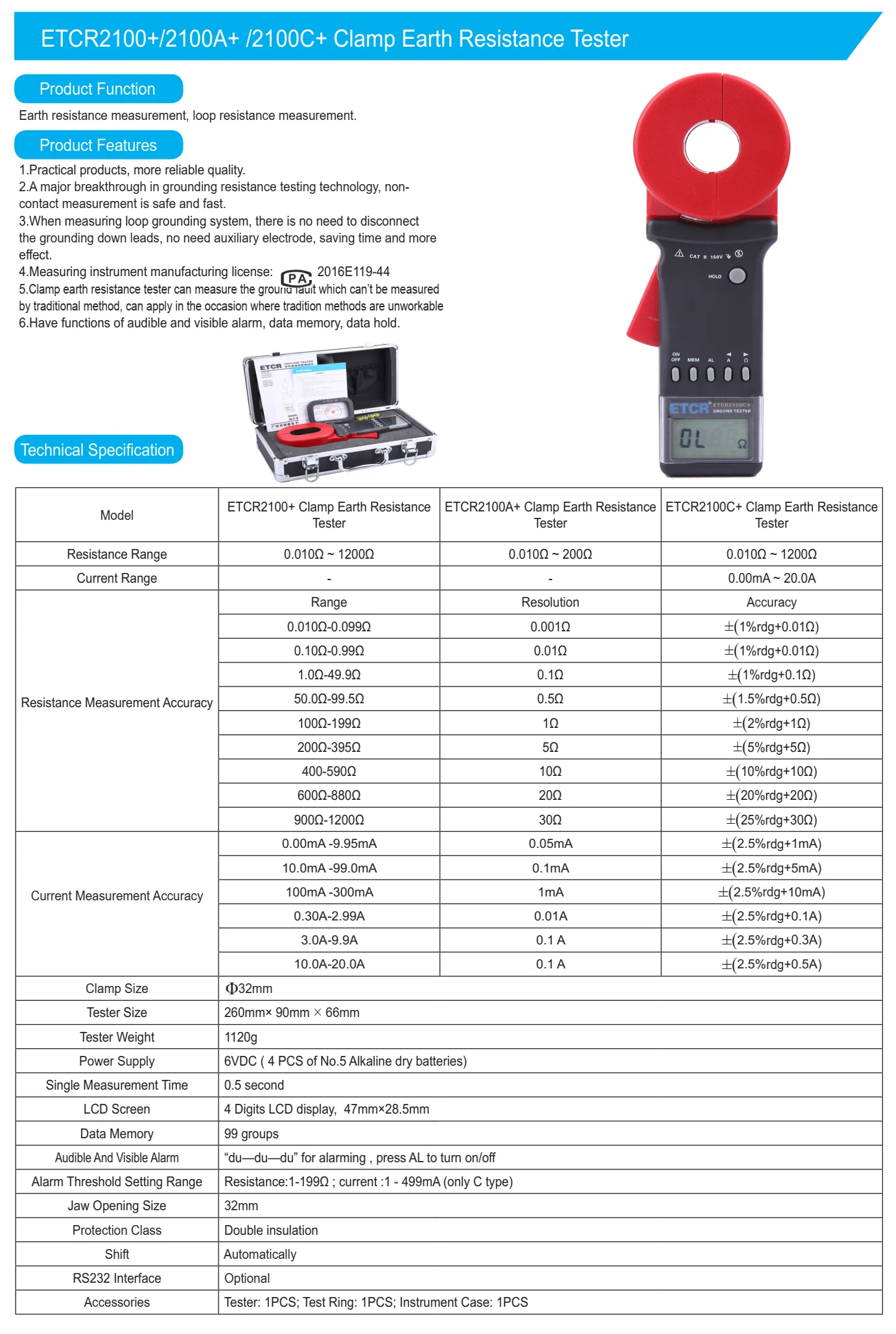 ETCR2100A+ Digital Clamp On Ground Earth Resistance Tester Meter / Clamp Earth R