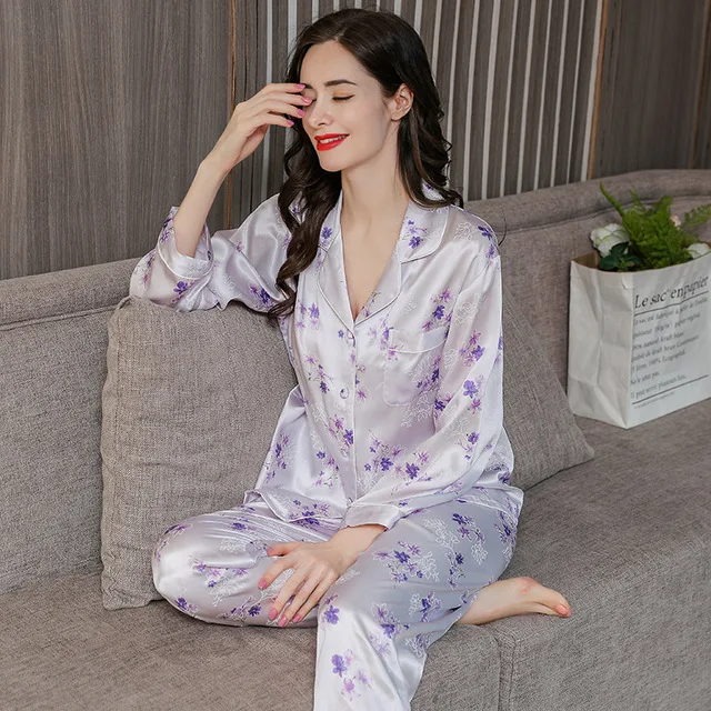 100% Pure Silk Women's Printed Pajama Set Sleepwear Nightgown M L XL 2XL XM008