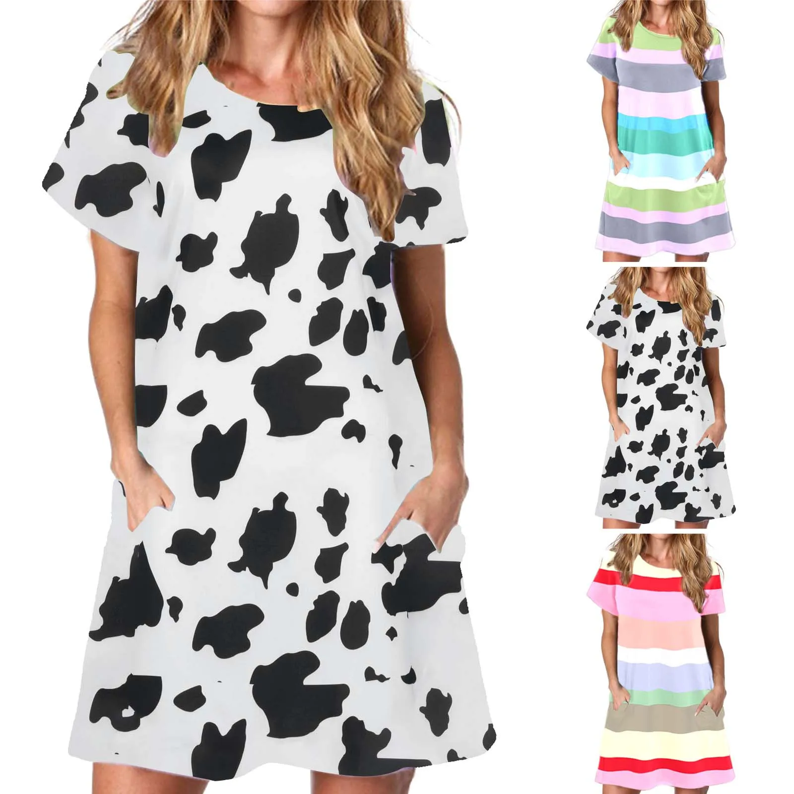 Fashion Women's Leisure Dress Summer Noble And Elegant Stripe Print Loose Short Sleeve Dress O-neck Dress Mujer Vestido 1