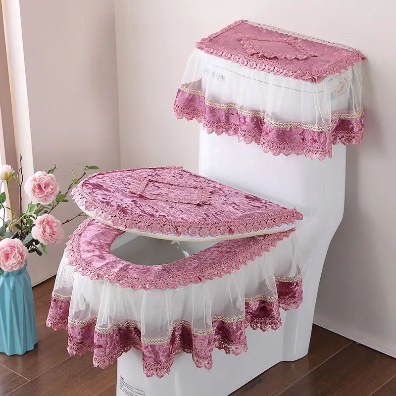 Toilet Seat Cover 3 Pcs/Set Fabric Lace Toilet Mat Three-Piece Gold Velvet U-Shaped Zipper Pedestal Ring Cover