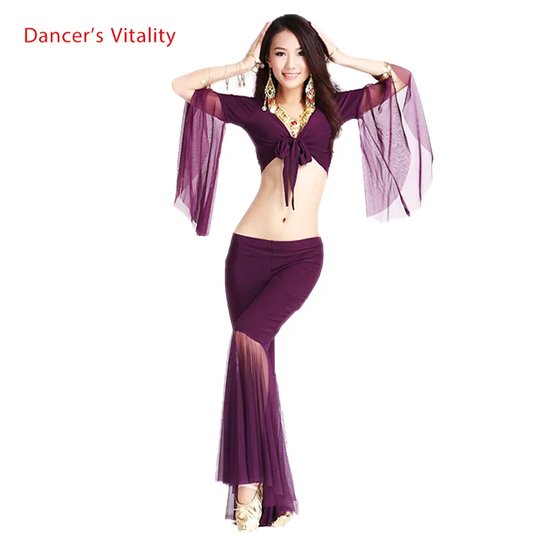 

HOT SALE! mesh speaker sleeves belly dance set women 2pcs top and Five point trousers belly dance suit 12colors M and L
