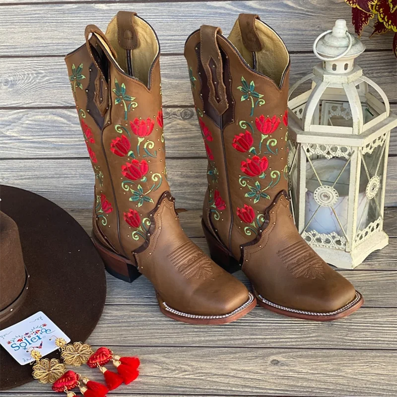 Botas vaqueras para mujer, zapatos Retro botines cómodos de alta calidad con temperamento, de 2021|Botas hasta la rodilla| - AliExpress