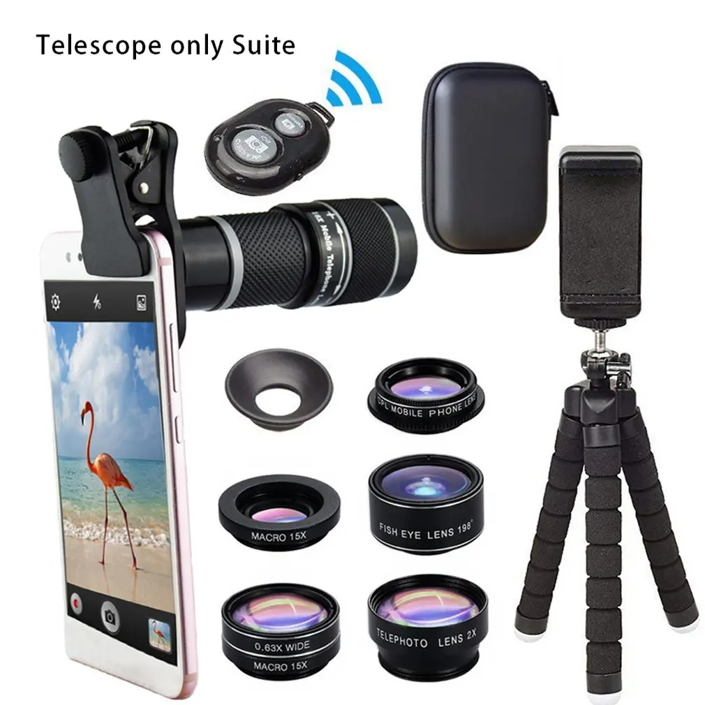 

8 in 1 HD Camera Telescope Lens 18X 4K Phone Lens Suits With Clip 185 DegreesLens Long Focus Monocular Phone Telescope for Phone