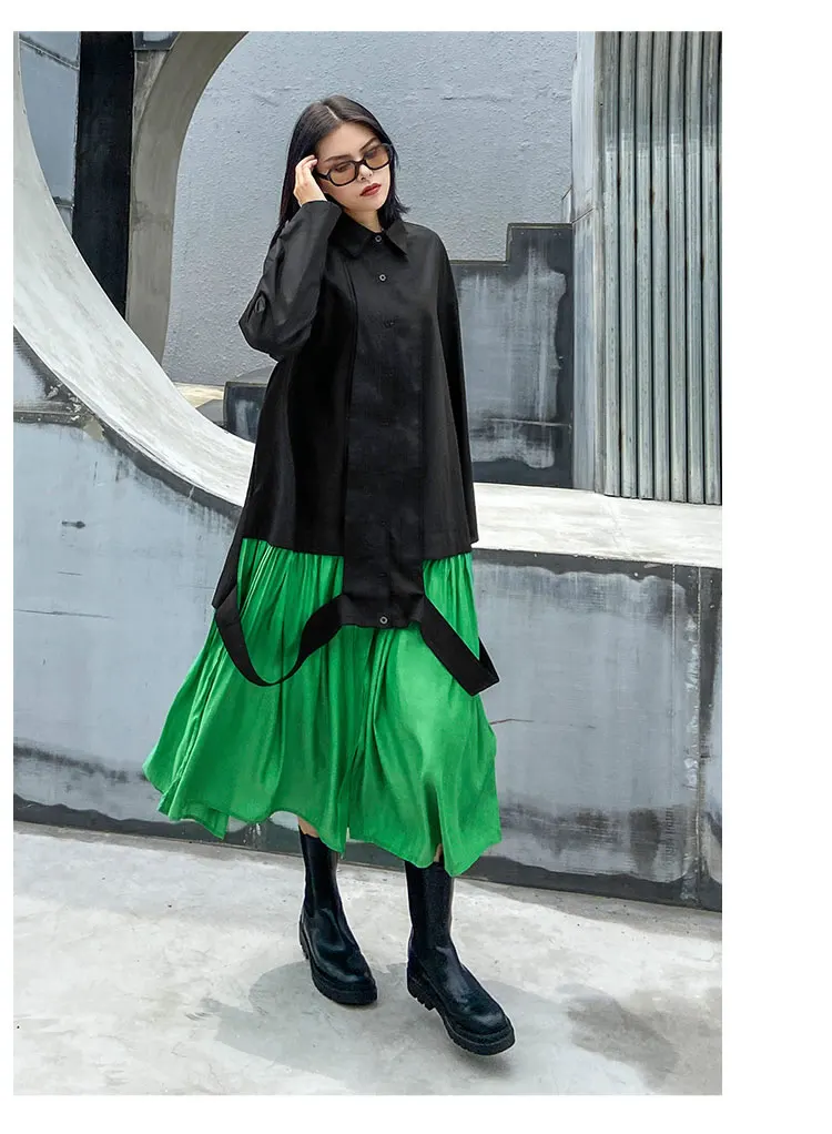 XITAO Patchwork Dress Fashion New Women Single Breast Patchwork Plated Hem 2020 Autumn Minority Casual Style Loose Dress ZP3457