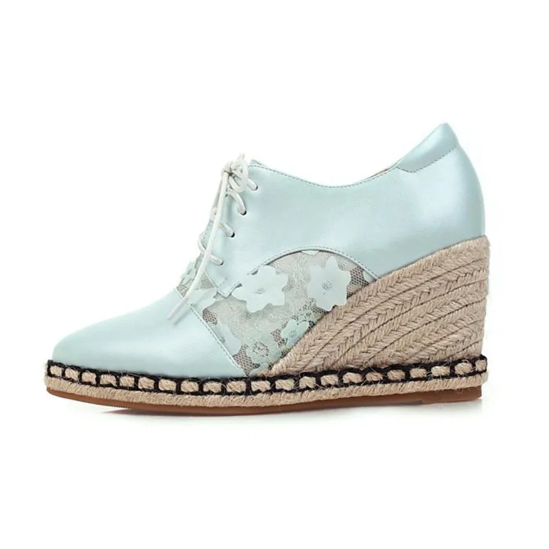 2020 Spring Autumn New Straw Wedge Shoes Women Deep Mouth High Heels Mesh Lace Stitching Lace-Up Pointed Toe Pumps Women's Shoes (18)