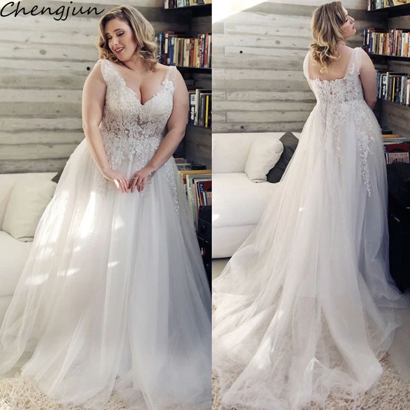 Chengjun Custom Made Ivory Sleeveless V-Neck Tulle Plus Size Wedding Dresses