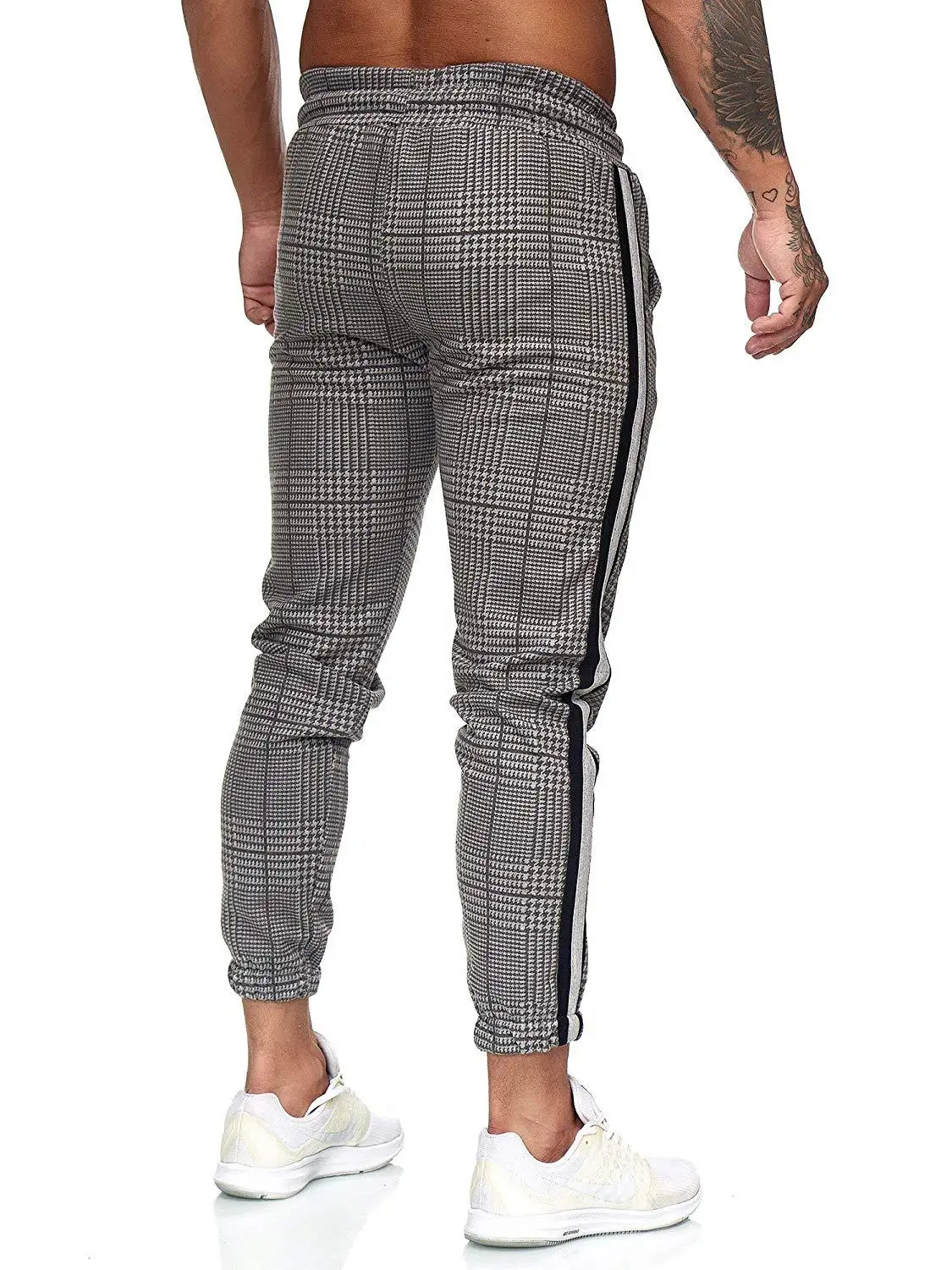 Повседневные мужские чиносы из хлопка, облегающие мужские брюки, узкие брюки-чиносы, серые тянущиеся брюки в клетку с полосками по бокам, S-3XL