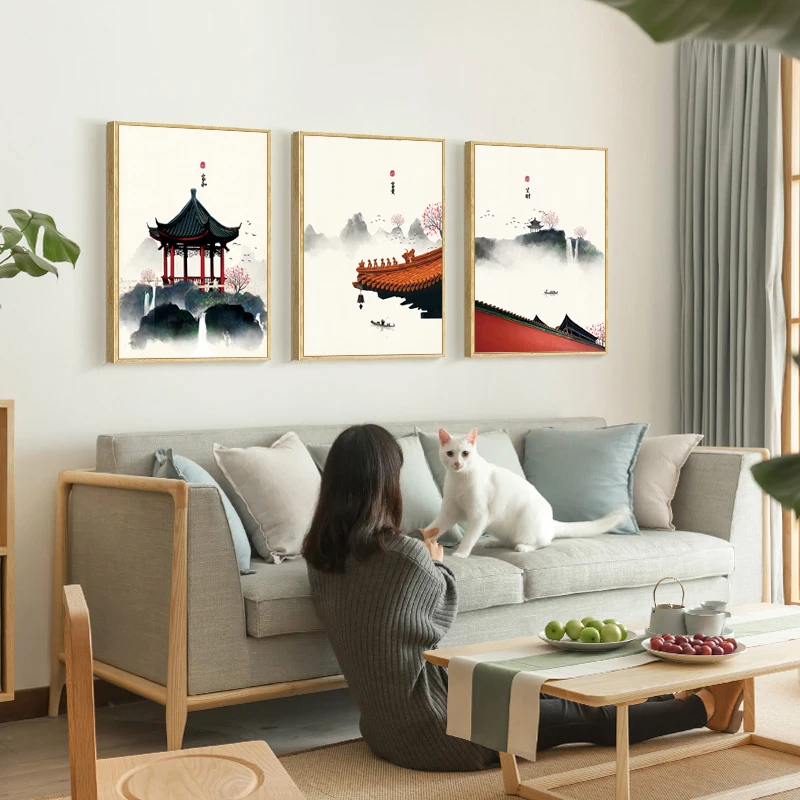 新中式民俗山水建筑装饰画001