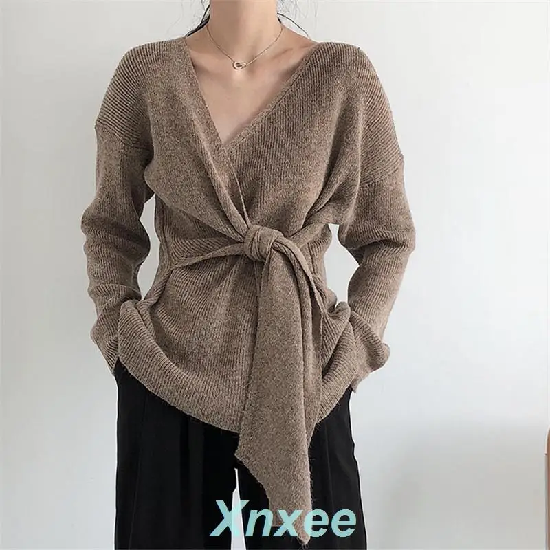 Sweater Feminine Korean Waist Lace Up Women Sweaters Solid Irregular Sueter Mujer V-Neck Casual Knitted Sweater Xnxee Sweater Feminine Korean Waist Lace Up Women Sweaters Solid Irregular Sueter Mujer V-Neck Casual Knitted Sweater Xnxee