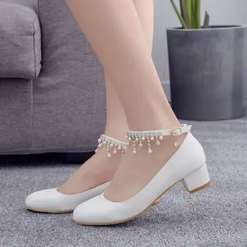 

White middle block heel women pumps shoes ankle strap crystal fringe tassels ornament princess ladies bridal party pumps shoes
