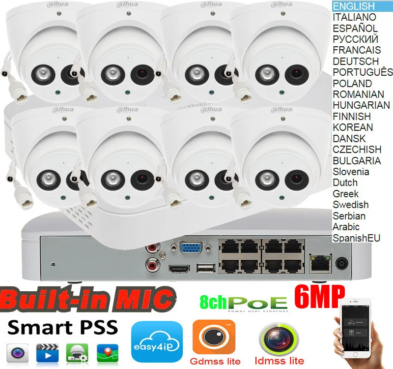 dahua mutil язык H.265 4K NVR4108-8P-4KS2 камера безопасности комплект с Dahua 6MP POE аудио IP купольная камера