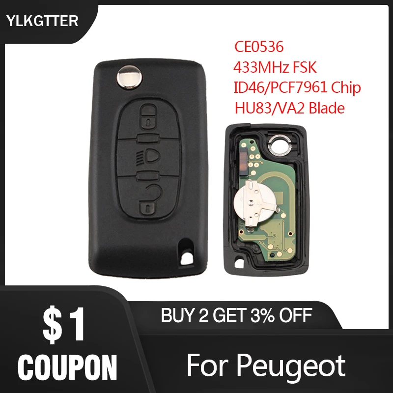

YLKGTTER 433MHz 3 Button FSK Remote Key Work for Peugeot 207 307 208 308 408 Partner Auto Door Lock Controller CE0536, VA2/HU83