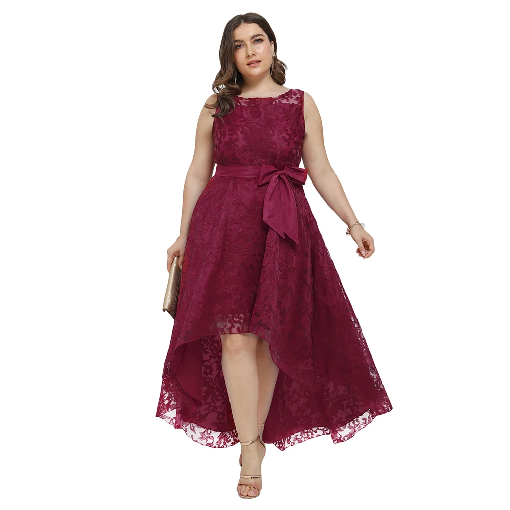 

Women Plus Size Wedding Night Elegant Dresses 2019 Lace Evening Party Gowns Red Formal Dress Sleeveless Robe De Soiree D20