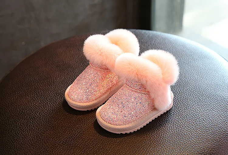 Детская зимняя женская обувь на кроличьем меху, ботинки-мартинсы, из хлопка для малышей Спортивная обувь с блестками, натуральная кожа сапоги "принцесса"