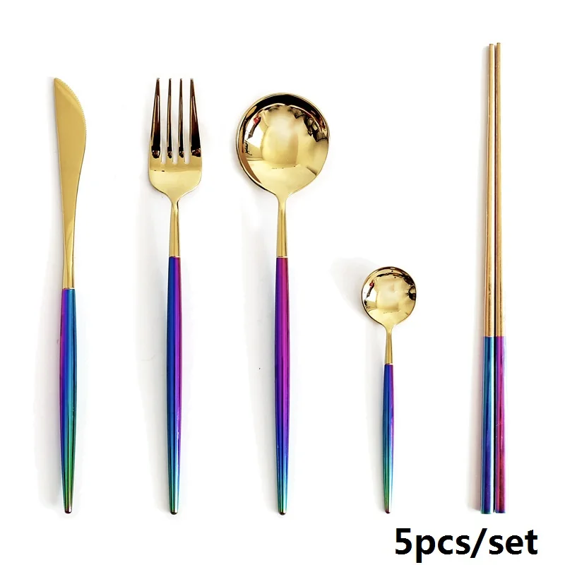 Golden Cutley 5pcs Красочные столовые приборы набор из нержавеющей стали Палочки для еды столовый нож ложка Вилка чайная ложка набор посуды рождественские столовые приборы подарок Вечерние - Цвет: Golden Cutley 5pcs