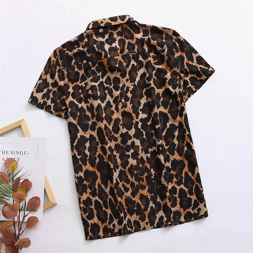 KLV Shirts Men's Summer Fashion Casual Lapel Leopard Short Sleeve Shirt Top Blouse Camisas Hombre Comfortable Leisure Shirt