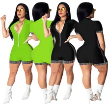 

RStylish 2021 Summer Women Hot Sell Patchwork Front Zipper Short Sleeve Bodycon One Piece Romper