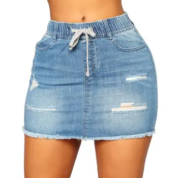 

Women Summer Sexy Stretch Elastic Waist Above Knee Bodycon Mini Hollow Out Party Club Denim Skirts Distressed Ripped Shorts