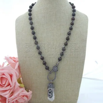 

N063002 25'' Bronzite Hematite Crystal Necklace CZ Pendant