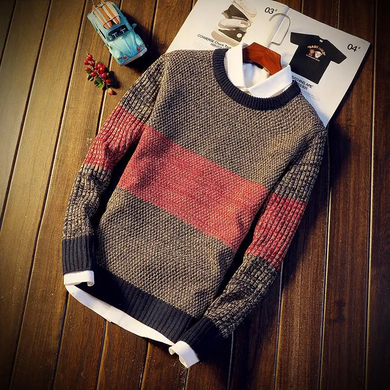 

Men Autumn Winter Sweater Pullovers Jumper Men's O-Neck Mixed Color Fashion Youth Teens Trend New Long Sleeve Sweaters Men