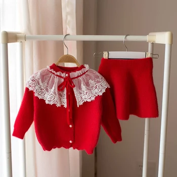 

Children's Sweater 2020 Autumn Winter Kid Sweater Set ' Lace Solid Color Long Sweater +Short Dress 2PCS Girls Set