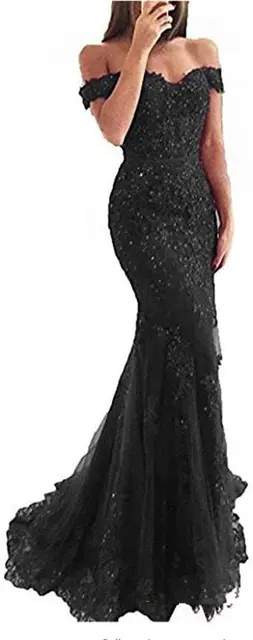 Off the Shoulder Long Mermaid Evening Dresses Lace abiti da sera Applique Robe De Soiree longue Formal Gowns abiye gece elbisesi black