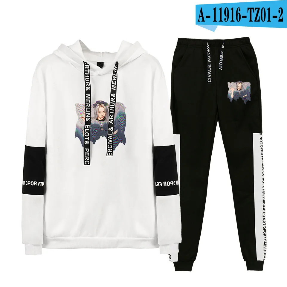 white Толстовка с капюшоном billie eilish, женские толстовки с капюшоном, свитшоты+ спортивные штаны, костюмы, осенне-зимний теплый черный пуловер - Цвет: white