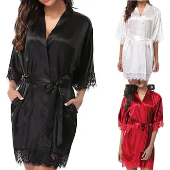 

Summer Women Silk Satin Kimono Robe Dressing Gown Plain Color Floral Lace Red Half Sleeve Wrap Sleepwear Bathrobe