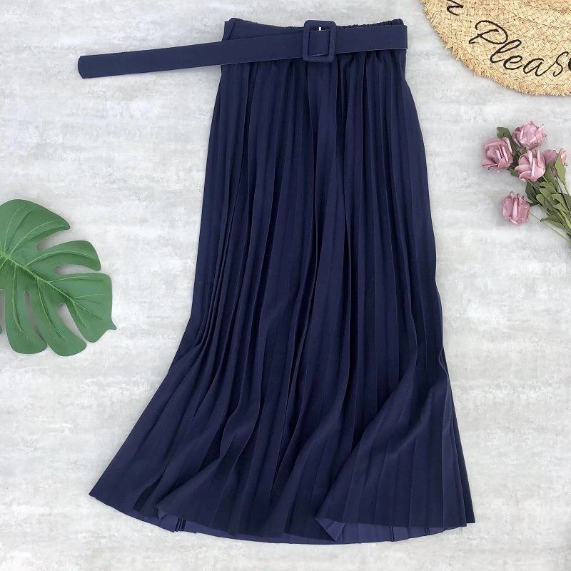 High Waist Women Skirt Casual Vintage Solid Belted Pleated Midi Skirts Lady 19 Colors Fashion Simple Saia Mujer Faldas floral skirt Skirts