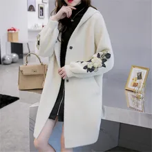 Новинка, Женская Длинная Верхняя одежда, пальто из искусственного меха, Осень-зима, с вышивкой, теплое, однобортное