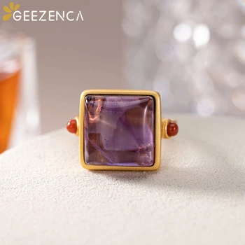 

925 Sterling Silver Gold-Plated Ring Amethyst Hetian Jade Square Open Rings Jewelry for Women Simple Geometric Vintage Trendy