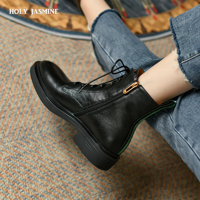 

Genuine Leather Ladies Boots 2021 Winter Lace-up Women's Boots Round Toe Thick Heel Platform Shoes Black Ankle Boots for Women