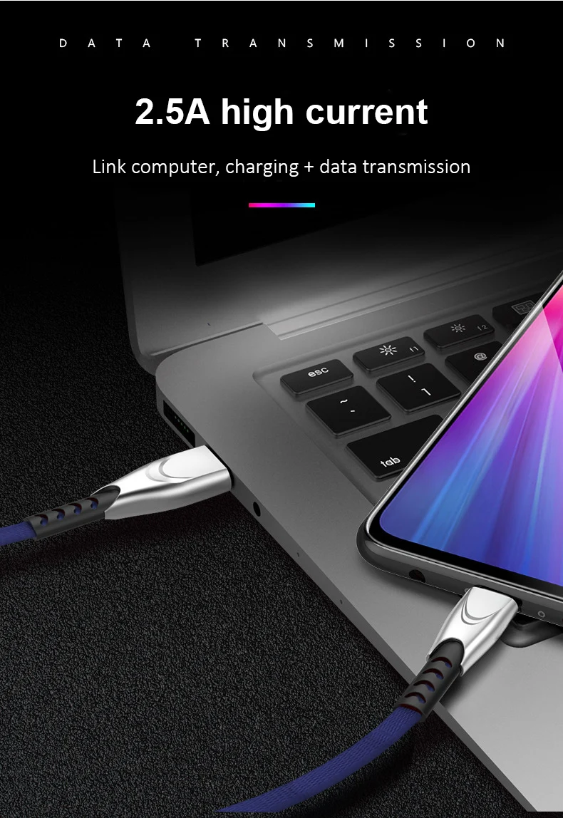 ARTAK цинк 2.5A кабель usb type C для мобильного телефона Быстрая зарядка Плоский нейлоновый кабель type C