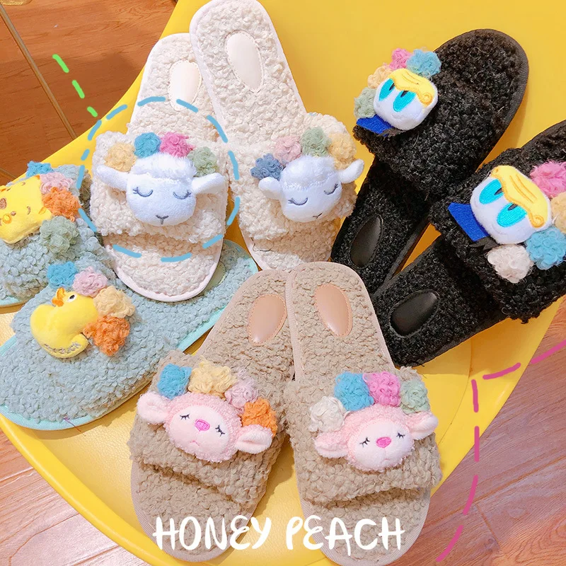 

Hd14540a08 INS Online Celebrity-Cute Cartoon Duck Sheep Color Ball Lambs Wool shao nv kuan Slipper