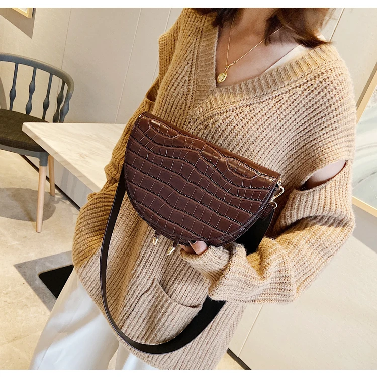 Женские сумки через плечо с каменным узором, кожаная седельная сумка Bolso mujer, полукруглые сумки с клапаном, женская сумка через плечо, сумочка
