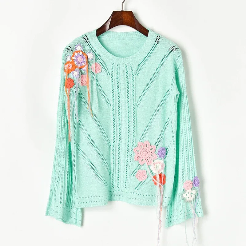 ^*Best Offers Women Pullovers 2019 Autumn Sweet Candy Color Crochet Tops Hollow Out Hook Tassel Flower Sweater Trumpet Sleeve Knitted Sweaters ^*Best Offers Women Pullovers 2019 Autumn Sweet Candy Color Crochet Tops Hollow Out Hook Tassel Flower Sweater Trumpet Sleeve Knitted Sweaters