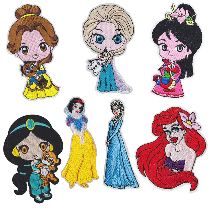 

Disney Elsa Belle Princess Embroidery Patches Children For Clothing DIY Iron On Patch On Clothes Bag Custom Patch Accessories