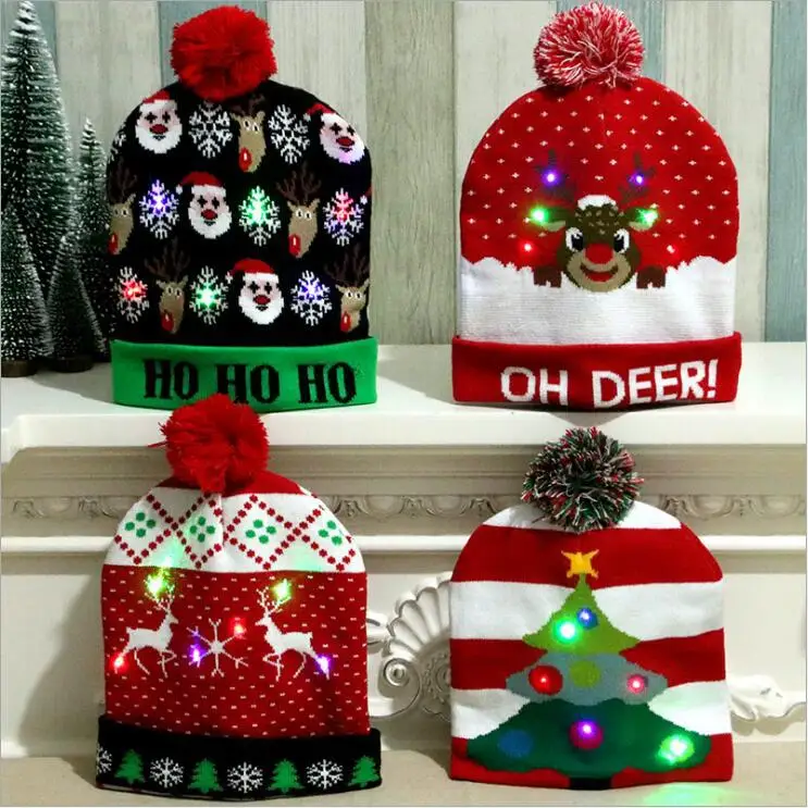 

New Year 2020 Lighted Christmas Decorations Adult and Children Knitted Upscale Christmas Hat Colored Glowing Knit Caps Natale F