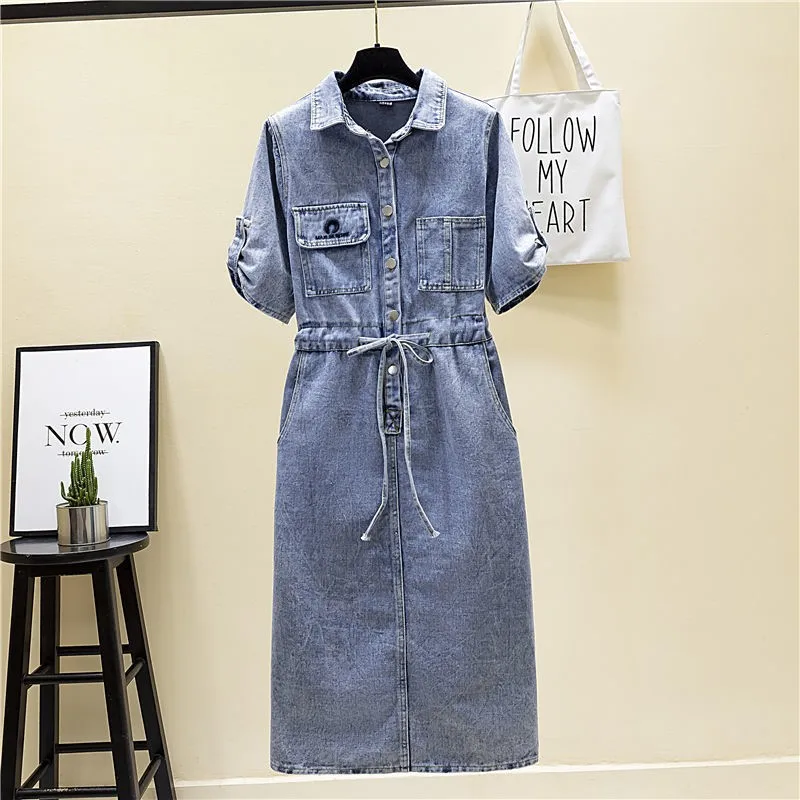 Vintage-Short-sleeve-Jeans-Dress-Women-s-2024-Spring-Summer-Waist-Over ...