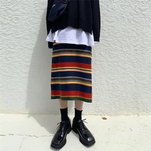 Радужные полосатые прямые трикотажные юбки средней длины, вязаные Новое поступление, корейский стиль, юбка с высокой талией в стиле ретро