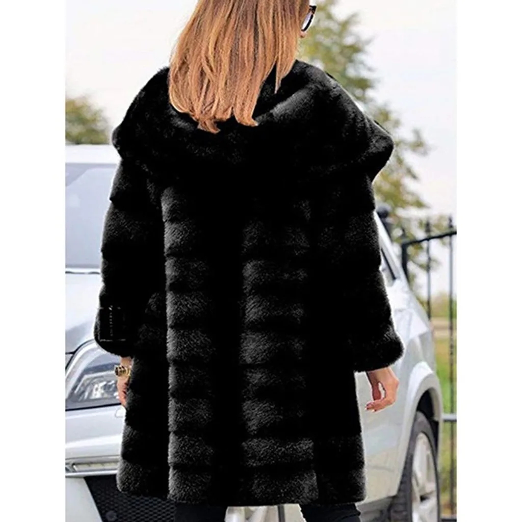 Vintage fluffy hoodie faux fur coat women Winter grey jacket coat female Plus size warm long casual outerwear overcoat