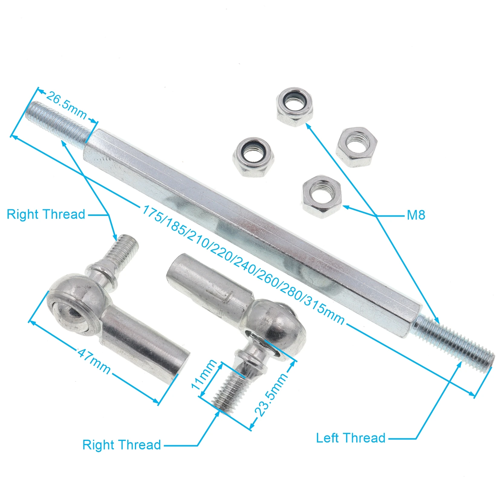 1 Pair 175 185 210 220 240 260 280 315mm M8 Ball Joint Steering Bar Bolt Tie Rod Kits for 49cc Mini Chinese ATV Quad Bike
