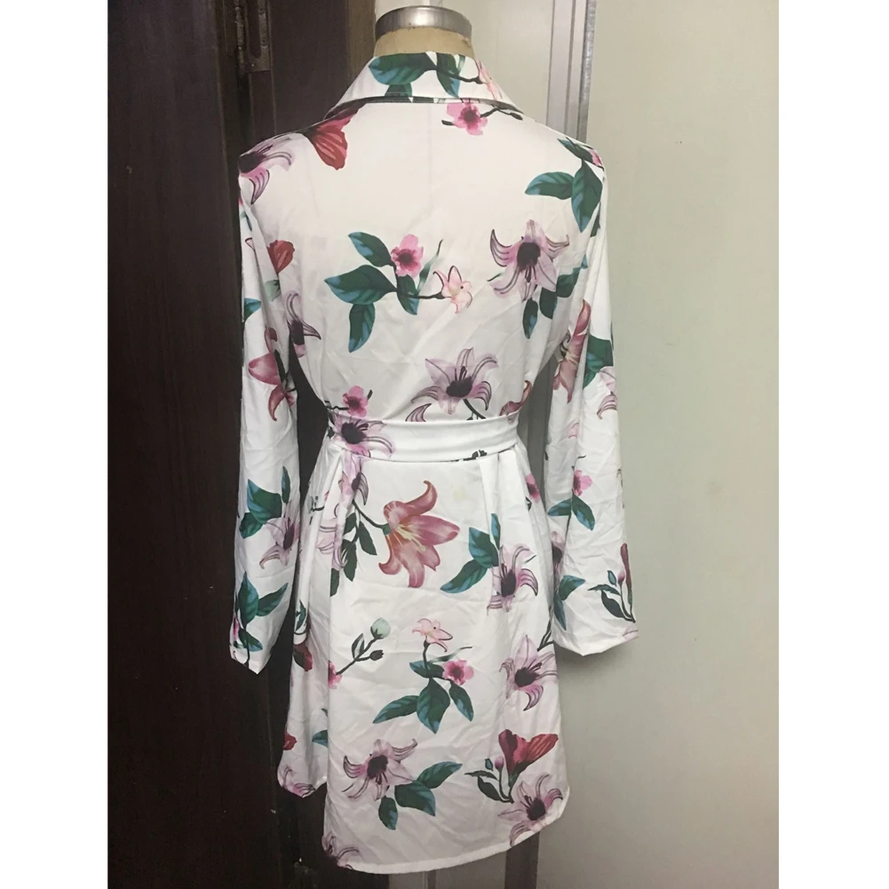 Women Boho Floral Printed Bandage Summer Button Mini Dress Shirt Dress Ladies Wrap Sundress Holiday