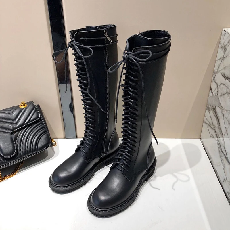 black matter leather Сапоги-гладиаторы до колена из натуральной кожи в западном стиле; женские высокие сапоги на плоской подошве с круглым носком на шнуровке; женские рыцарские сапоги для верховой езды; botas mujer - Цвет: black matter leather