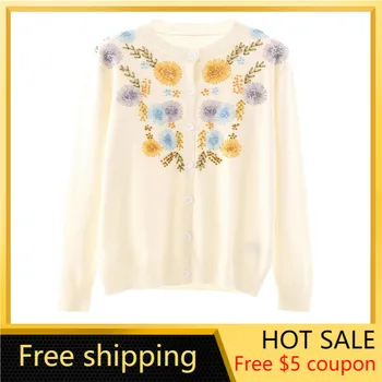 

2020 Autumn Winter round Neck Sweater Women's Knitted Cardigan Hand-Made Stitched Pattern Embroidered Coat Fall Clothes