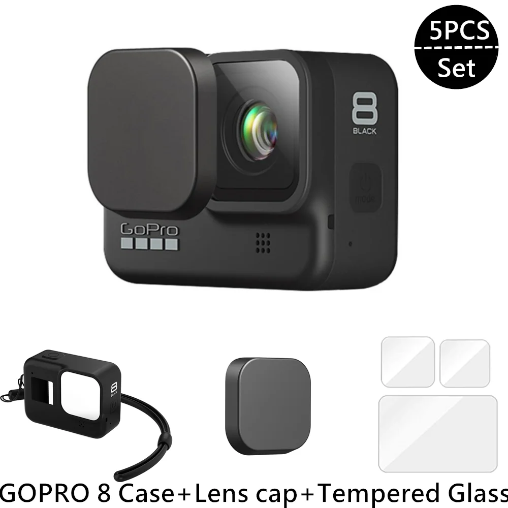 Funda de silicona que protege la GoPro Hero 8, protector de pantalla de vidrio templado, tapa de objetivo, accesorios