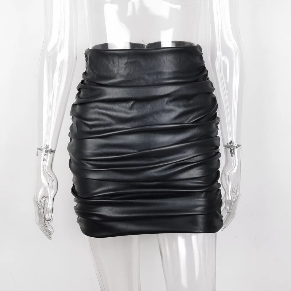 Karlofea/женская модная юбка из искусственной кожи с драпировкой, шикарные Клубные Вечерние наряды с блестками, Новая Элегантная Повседневная мини-юбка из искусственной кожи - Цвет: Ruched PU Skirt