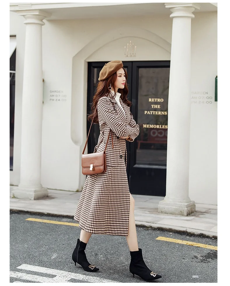 Houndstooth шерстяное пальто Женская средней длины Зима Новая мода утолщение шотландская шерстяная ветровка пальто женская одежда